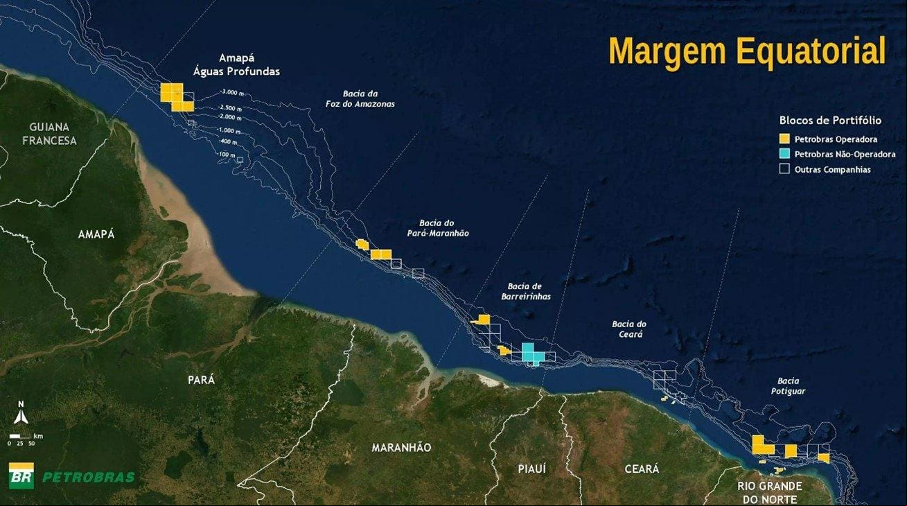 Mapa do plano da Petrobras: A Margem Equatorial Brasileira, área com potencial de exploração de 14 bilhões de barris de petróleo, compreende a região litorânea do Amapá até o Rio Grande do Norte Mapa do plano da Petrobras: A Margem Equatorial Brasileira, área com potencial de exploração de 14 bilhões de barris de petróleo, compreende a região litorânea do Amapá até o Rio Grande do Norte