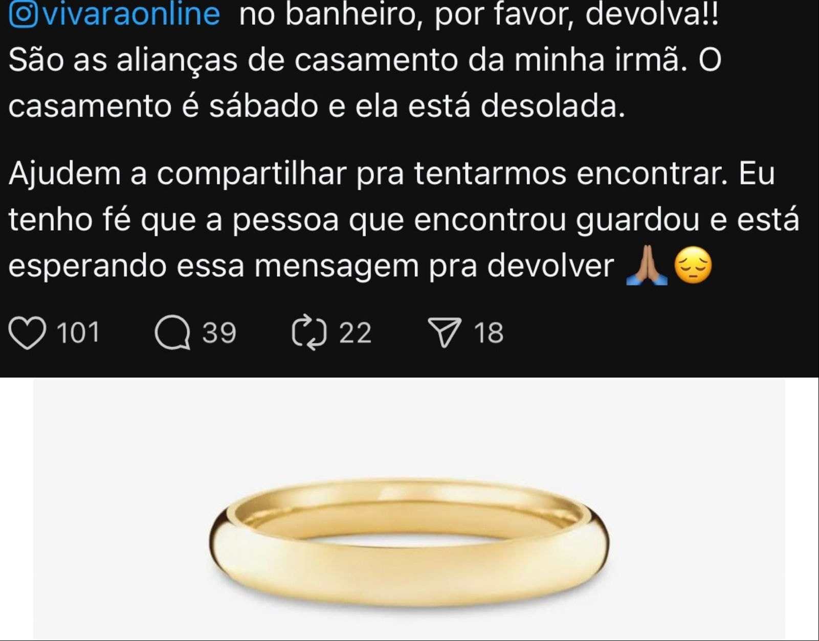Apelo para devolver a aliança. Abaixo, o modelo da joia.
