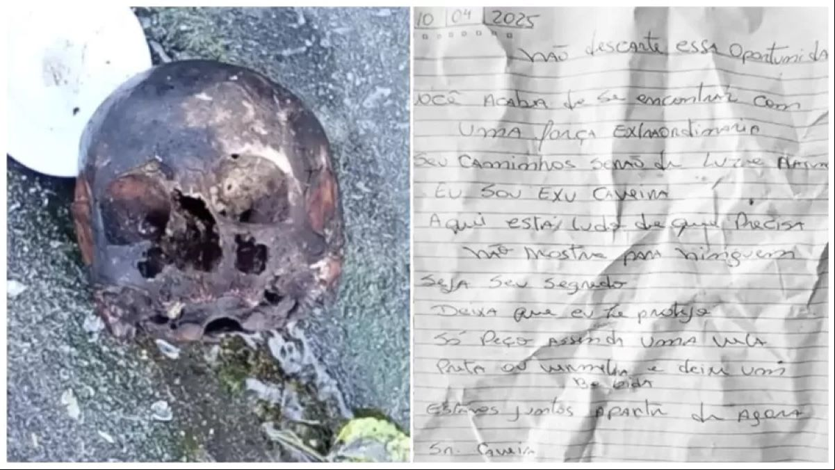Carta e crânio encontrados por um policial na rodovia dos Imigrantes, em Cubatão (SP)